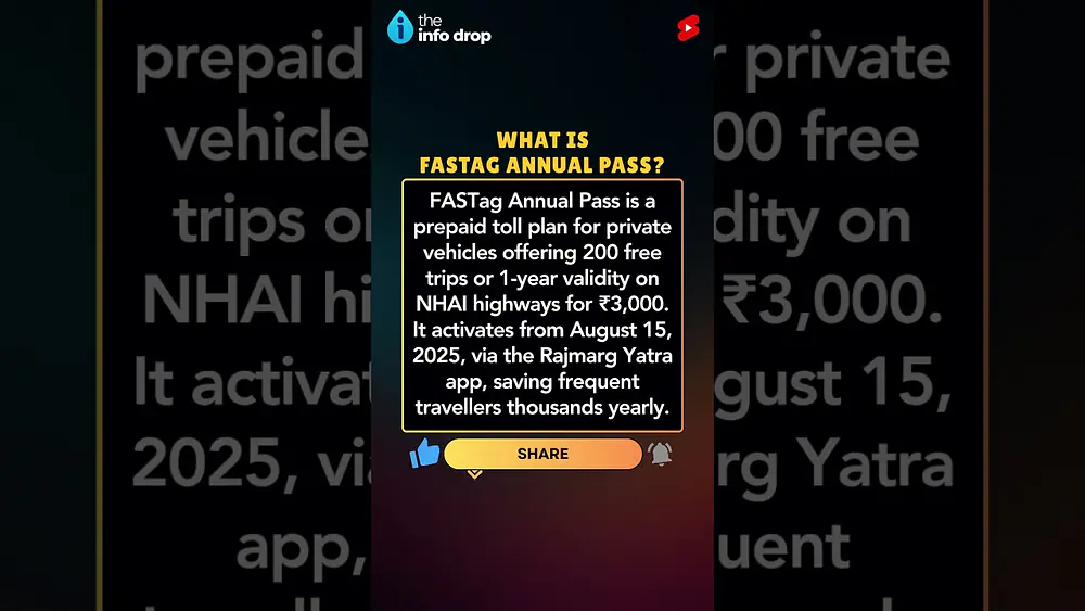 Video thumbnail of What is FASTag Annual Pass? Save Big on National Highway Tolls! #theinfodrop #shorts